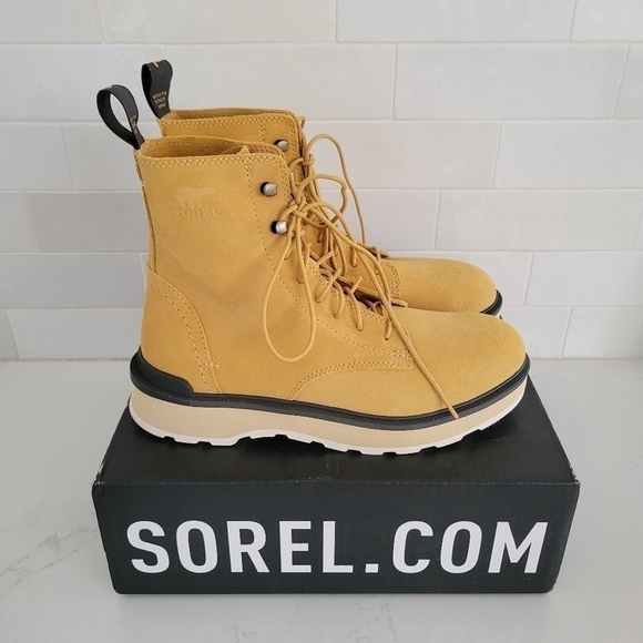 NWT Sorel Hi Line Lace-Up Waterproof Leather Platform Boots Geo Yellow/Jet 8.5 - Picture 1 of 8